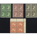 1891-1902 CCA fine M blocks of four comprising ½d green, UM, SG.16, 1d pale red corner marginal (