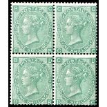 1867 Wmk Spray 1s green Pl. 4, fresh M block of four CB/DC, centred low. SG.117. Cat. £6000. (4)