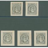 1893 Queen Makea Imperf Plate Proofs in black for 1d, 1½d, 2½d, 5d & 10d.