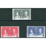 1937 Coronation set, Perf SPECIMEN, fine M, SG.148s/150s. Cat. £225. (3)