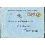 1905 reg cover from London to New York, franked KEVII 3d, 1s (pair), tied Lombard St. oval