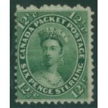 1859 12½c deep yellow green, part o.g, shallow thin from hinge removal, centred to left, fresh