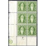 1899 ½d yellow green lower left corner marginal block of six incl. (2) varieties - lower left limb