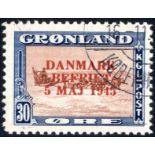 1945 Liberation of Denmark 30ore red-brown & blue with red overprint, superb used, SG.22a with S.