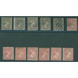 1885-91 CCA sideways 1d unused, 1d M (5) incl. wmk s/w reversed, 1d U, 4d part o.g. & 4d (4) U. Cat.