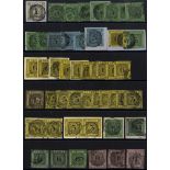 BADEN 1851-52 1k, 3k on yellow (9) + pairs (2) on piece, 6k on blue green (5), 9k (3), 1853-58 1k,