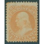 1861-62 Franklin 30c orange, unused example with some toning evident around edges, centred low to