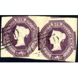 1847-54 6d purple, FU pair, each impression just shaved on one side, lightly cancelled with '85'