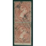 1891 Surcharge ½d on half 1d, a rejoined vertical block of four, imperf at foot, U, SG.14,