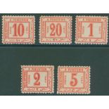 1884 postage dues wmk 10pa, 20pa, 1pi, 2pi & 5pi fresh o.g. SG.D57/61. Cat. £910. (5)