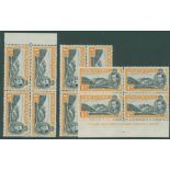 1938-53 Perf 13½ 1d black & yellow orange blocks of four (3), two UM, one hinged at top (has DLR