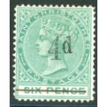 St. Christopher 1886 4d on 6d green, fine unused with variety no 'stop after d' SG.25a, Cat. £