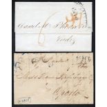 1841 two folded letters, the one to Oporto with a curved 'GIBRALTAR' in black, surcharged 20 Escudos