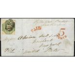 1849 outer letter sheet from Whitby to New York franked at upper left by 1s pale green (SG.54), just