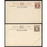 1893 GB ½d postcard overprinted ZULULAND, two examples - one with a 'SPECIMEN' h/stamp (corner