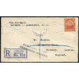 1925 reg envelope to England with 4d cancelled Hamilton 16.AP.25, New York 4.24.1925 arrival cancels