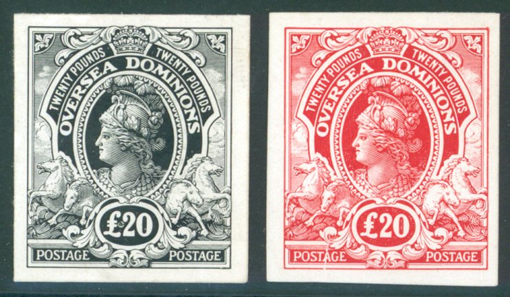 COLONIAL PROOFS 1910 Overseas Dominions £20 black & £20 red 'Postage/Postage' Imperf Plate Proofs on