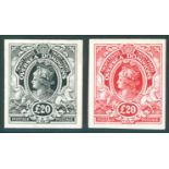COLONIAL PROOFS 1910 Overseas Dominions £20 black & £20 red 'Postage/Postage' Imperf Plate Proofs on