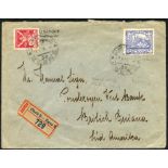 1920 reg envelope to British Guiana franked 50c + 200c, cancelled CHEB - EGER c.d.s. Reverse -