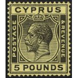 1924-28 £5 black on yellow, very lightly mounted and possibly UM, some gum toning, SG.117a. (1) Cat.