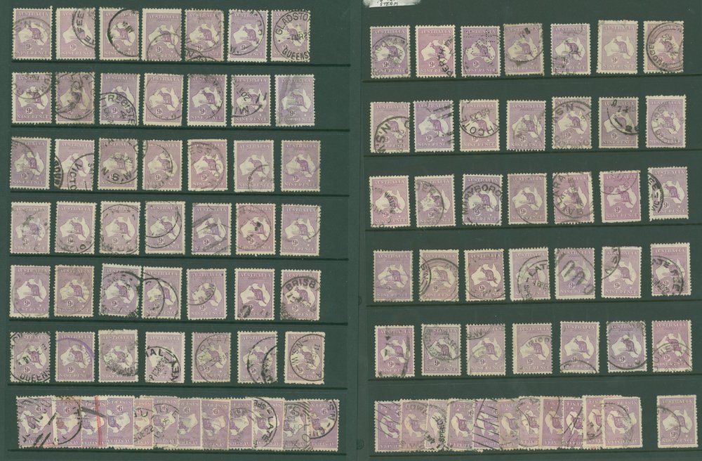1915-27 9d violet wmk narrow Crown (W6), good to FU examples (78), odd perf faults, SG.39. Cat. £