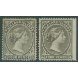 1885-91 4d pale grey black part o.g., some gum tones, shows reversed wmk. Also 4d grey black sheet