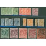 1912-20 MCCA set M incl. ½d (4), 1d (3), 2d, 2½d (4), 6d (2), 1s (2), 3s (gum toned), both 5s,