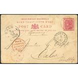 1895 (8 Dec) 1d stationery card to Germany, neatly cancelled by 'ABOKOBI/GOLD COAST' c.d.s. in red