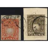 1890 ½a dull brown & 2a vermilion, both being Imperf with clear to huge margins FU (½a tied to a