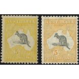 1919 5s grey & pale yellow fine M, couple missing perfs at top SG.42c, 1932 5s grey & yellow two