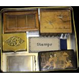 STAMP BOXES group incl. examples with glass top, Chinese painted Lacquer, Sorrento wove American