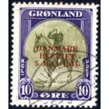 1945 Liberation of Denmark 10ore olive & purple with red overprint, superb used, SG.20a. (1) Cat. £