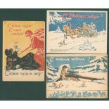 1942-43 propaganda Happy New Year cards showing caricatures incl. German troops freezing on a sleigh