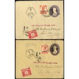 1948 two 1½a purple Indian postal stationery envelopes both to London & uprated with Pakistan 2a