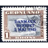 1945 Liberation of Denmark 1k grey & brown with blue overprint, superb used, SG.23a. Photocopy of S.