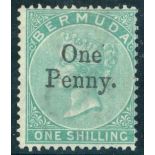 1875 Surch 1d on 1s green, a few shortish perfs (BPA Cert of 1986 states defective perforations at