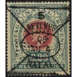 1902 POSTAGE/REVENUE £20 green & red, attractive U example with RD Perfin & usual boxed revenue h/