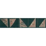1891 ½d on half 1d surcharges (7), three unused, two U (one unused straight edge at left), some with