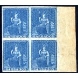 1852-55 (1d) blue on blued, right side marginal block of four with large margins & full o.g,