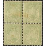 1894 P.11¾ 2d dull green Native Canoe block of four, some traces of gum on face, u/r stamp, small