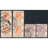 1938 $5 dull lilac & scarlet, VFU (2) + $2 red-orange & green, VFU vertical pairs (2), 1st