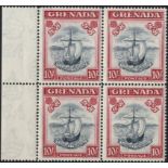 1947 P.14 10s blue-black & bright carmine, left side marginal block of four, fresh UM, SG.163f. (