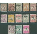 1913 2s brown FU, 1913 6d Kookaburra FU, 1923 £1 grey optd SPECIMEN SG.75s, 1932 6d & 2s M, 9d &