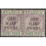 1891-92 Die II ½d on 3d horiz pair, the right stamp with variety small 'O' on 'ONE' (SG.56/d) UM