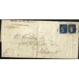 1841 entire from Tynemouth to Alnwick, franked by 1840 2d Pl.1 QA, four margins & CA four