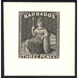 1873 Die Proof 3d in black on India paper, stamp sized affixed to card (33 x 35mm). Provenance;
