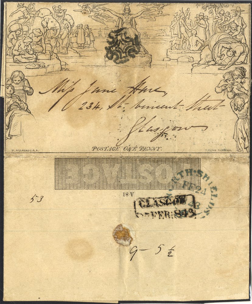 1843 One Penny Letter Sheet Stereo A81 sent from North Shields to Glasgow, cancelled by a black