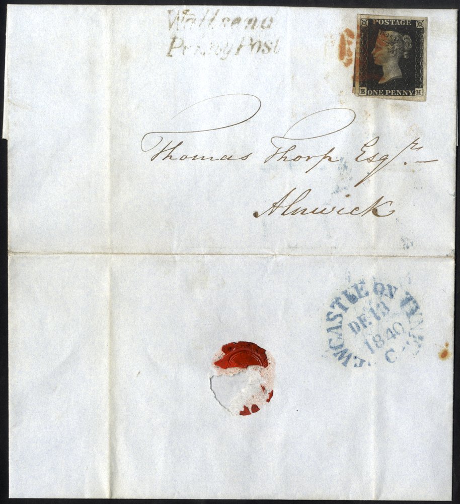 1840 Dec 13th entire from Wallsend to Alnwick, franked Pl.2 EH, huge margined example showing