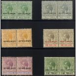 1921-37 MSCA ½d, 2d, 4d, 1s, 5s & £1 values, each a unused horizontal pair optd SPECIMEN. SG 115s,