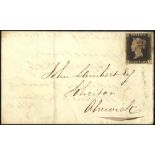 1840 July wrapper from North Shields to Alnwick, franked penny black Pl.3 MJ four margin example,